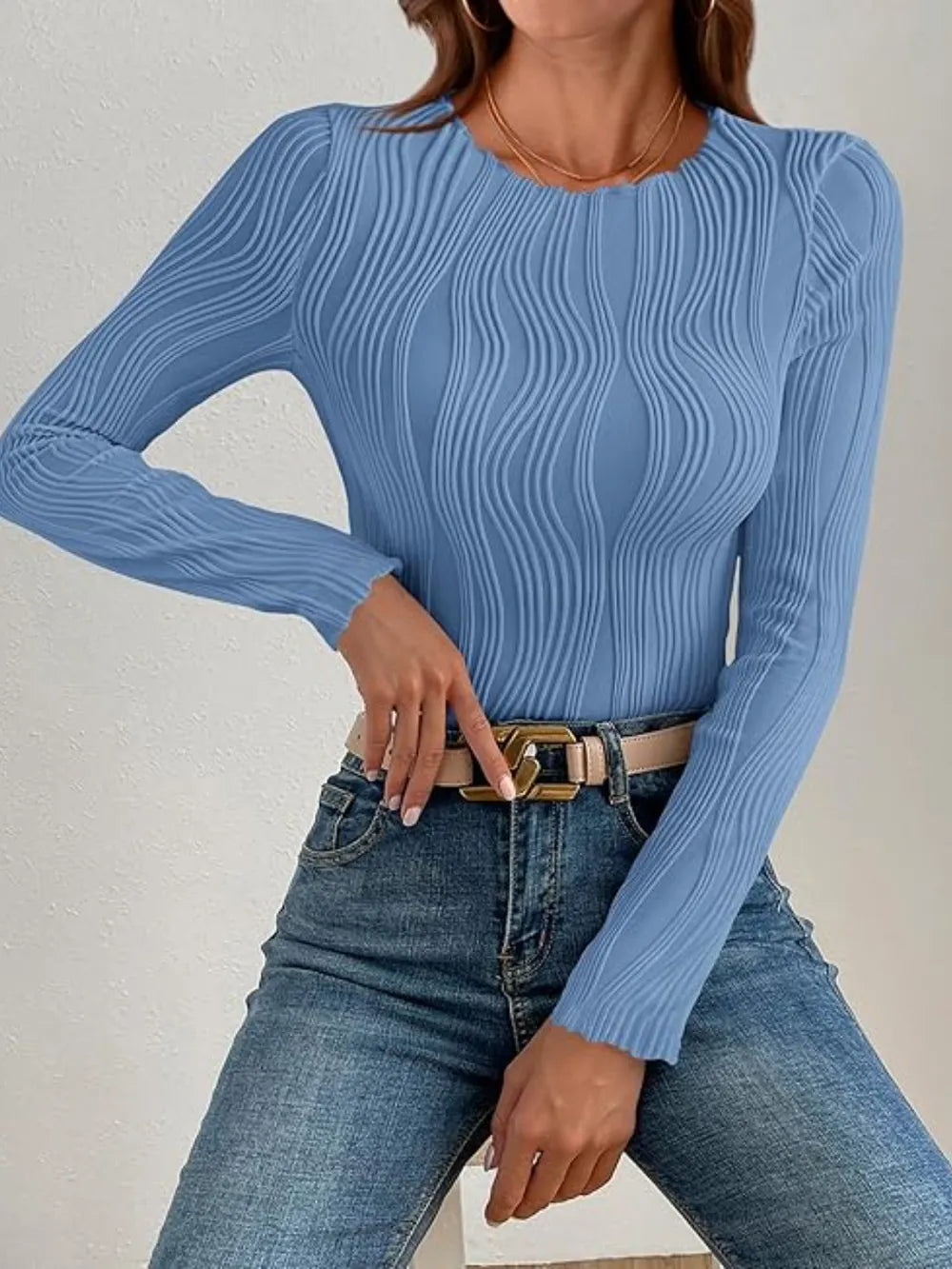 Textured Round Neck Long Sleeve Top (8)