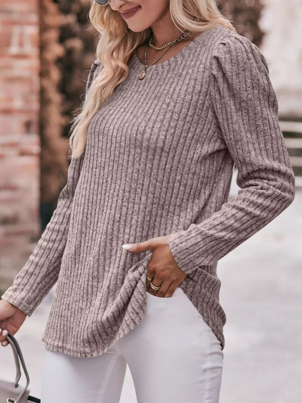 Ribbed Knit Puff Sleeve T-shirt (2)
