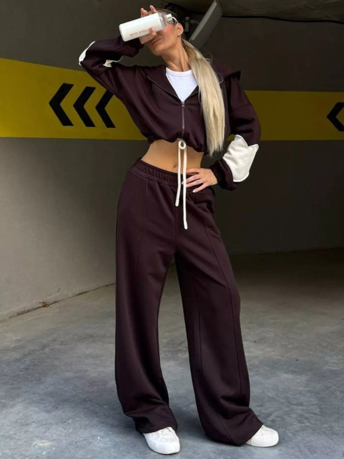 Zip Up Hoodie Wide-leg Pants Set (11)