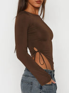 Tied Slit Round Neck Long Sleeve T-shirt (12)