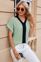 Contrast Johnny Collar Short Sleeve Blouse (7)