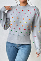 Pom-pom Trim Mock Neck Long Sleeve Pullover Sweater (8)