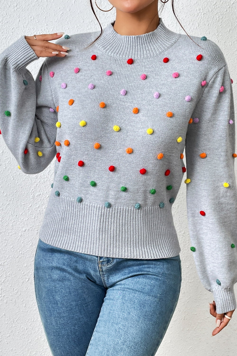 Pom-pom Trim Mock Neck Long Sleeve Pullover Sweater (8)