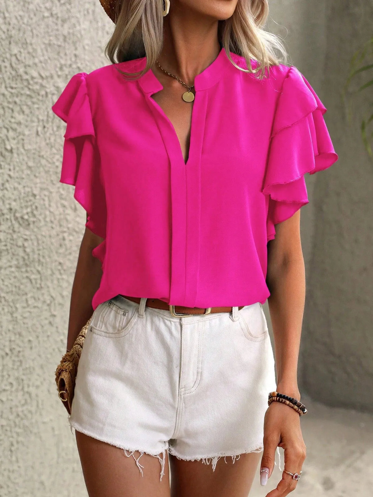 Ruffle Sleeve Notched Blouse (2)