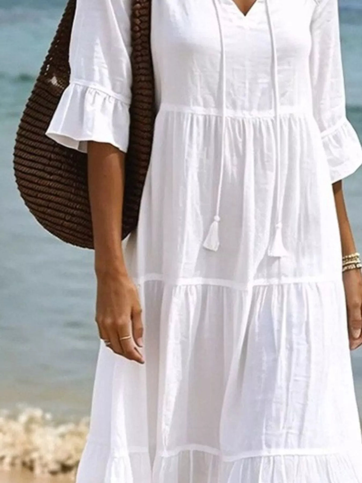 Full Size Tiered Tie Neck Flounce Sleeve Dress Plus (3)