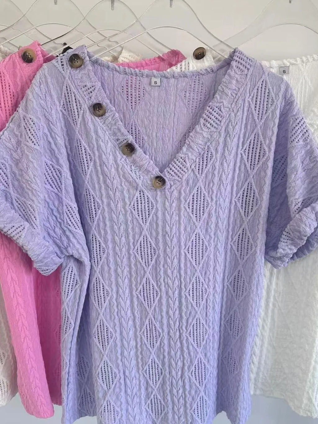Textured V-neck Short Sleeve Top (19)