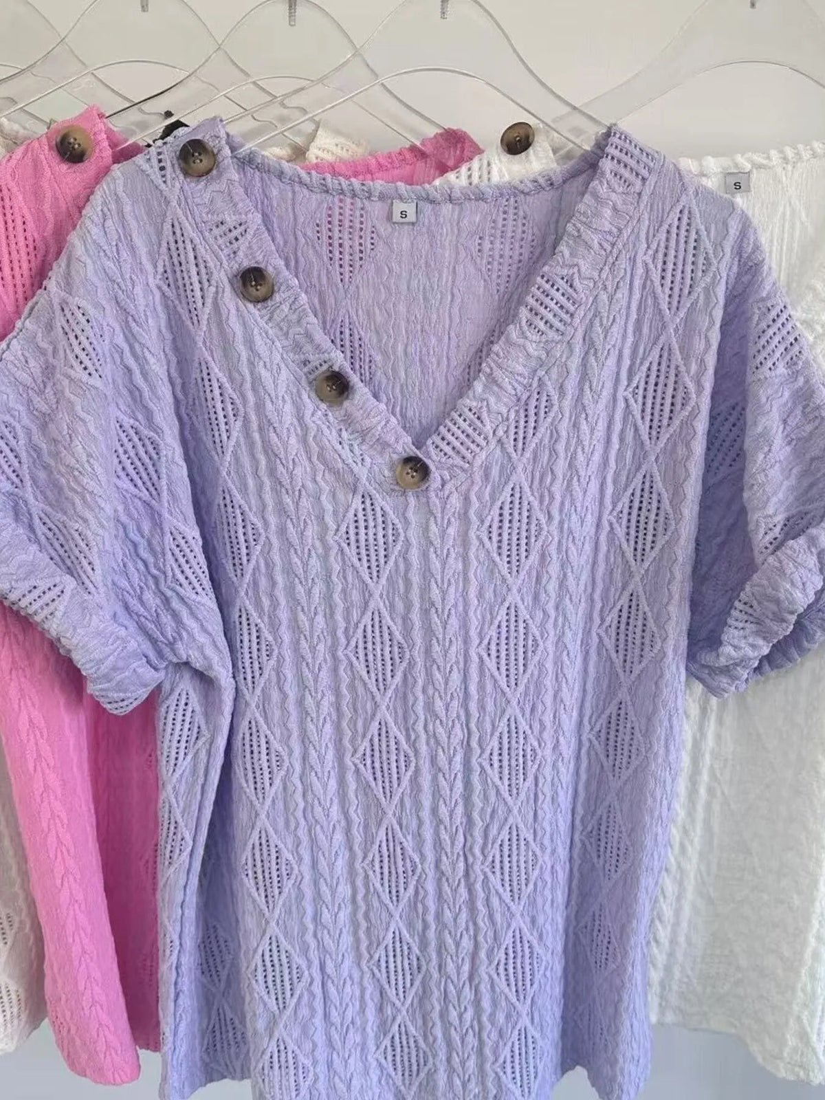 Textured V-neck Short Sleeve Top (19)