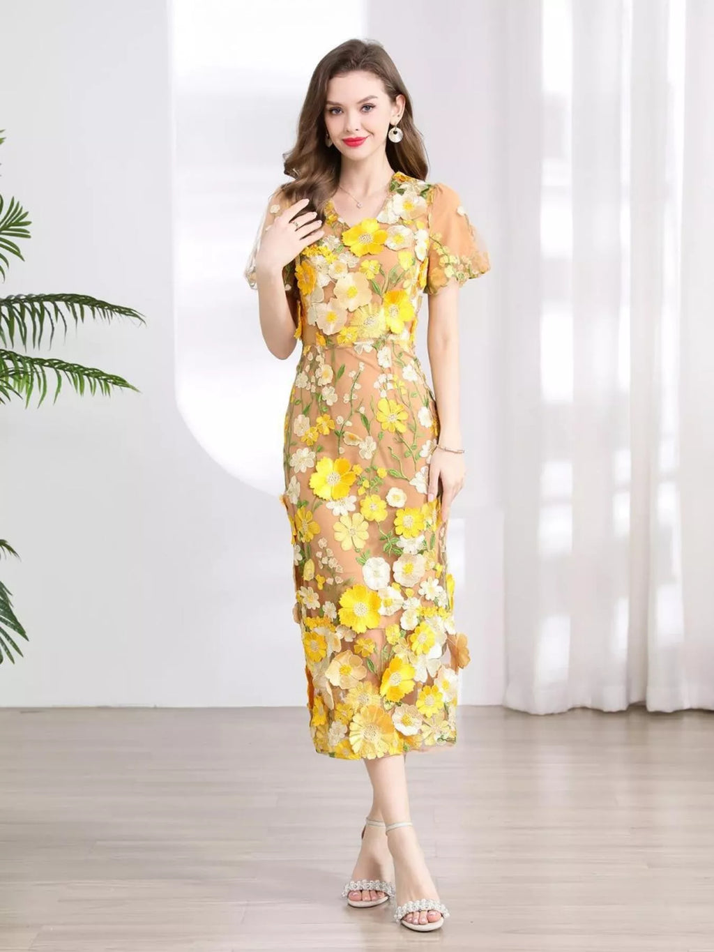 Floral Embroidered Puff Sleeve Midi Dress (9)