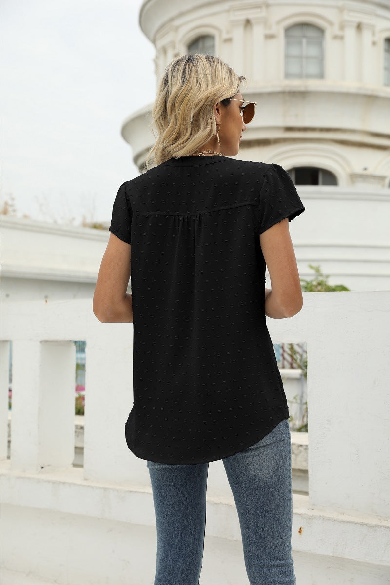 Swiss Dot Notched Neck Short Sleeve Top (20)