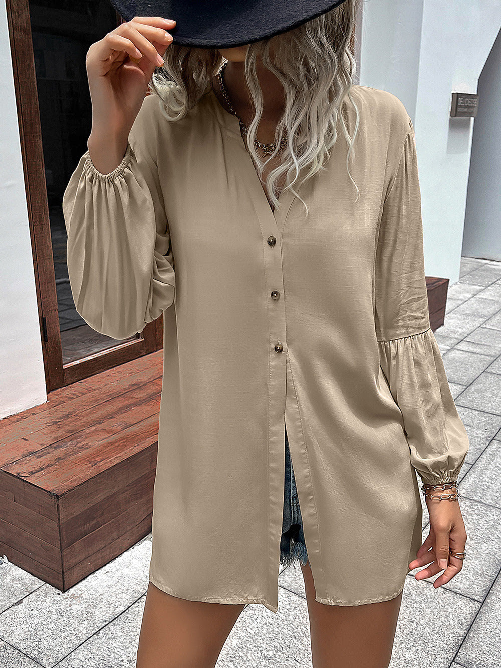 Notched Neck Balloon Sleeve Shirt (12)