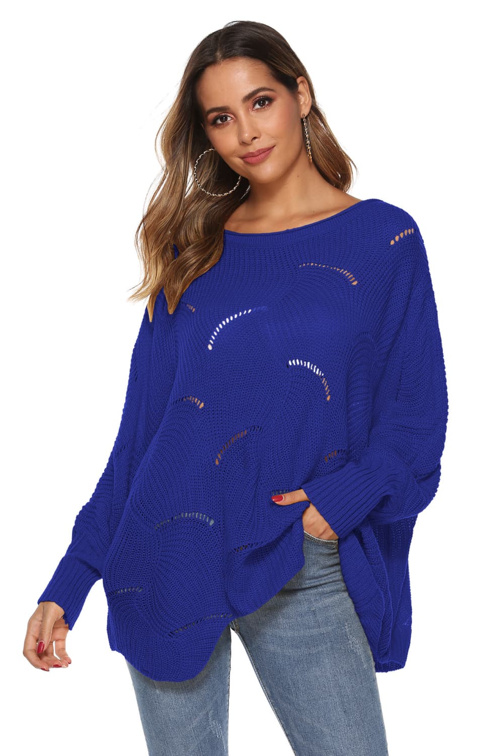 Round Neck Long Sleeve Openwork Sweater (14)