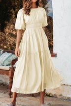 Puff Sleeve Pleated High Waist Flowy Midi Dress (9)