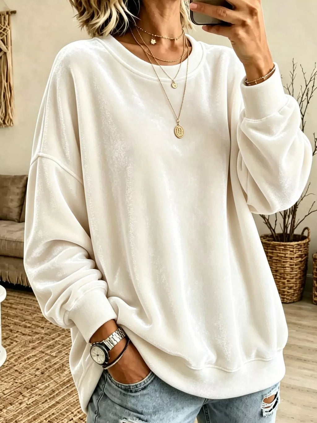 Full Size Solid Color Crew Neck Sweatshirt Plus