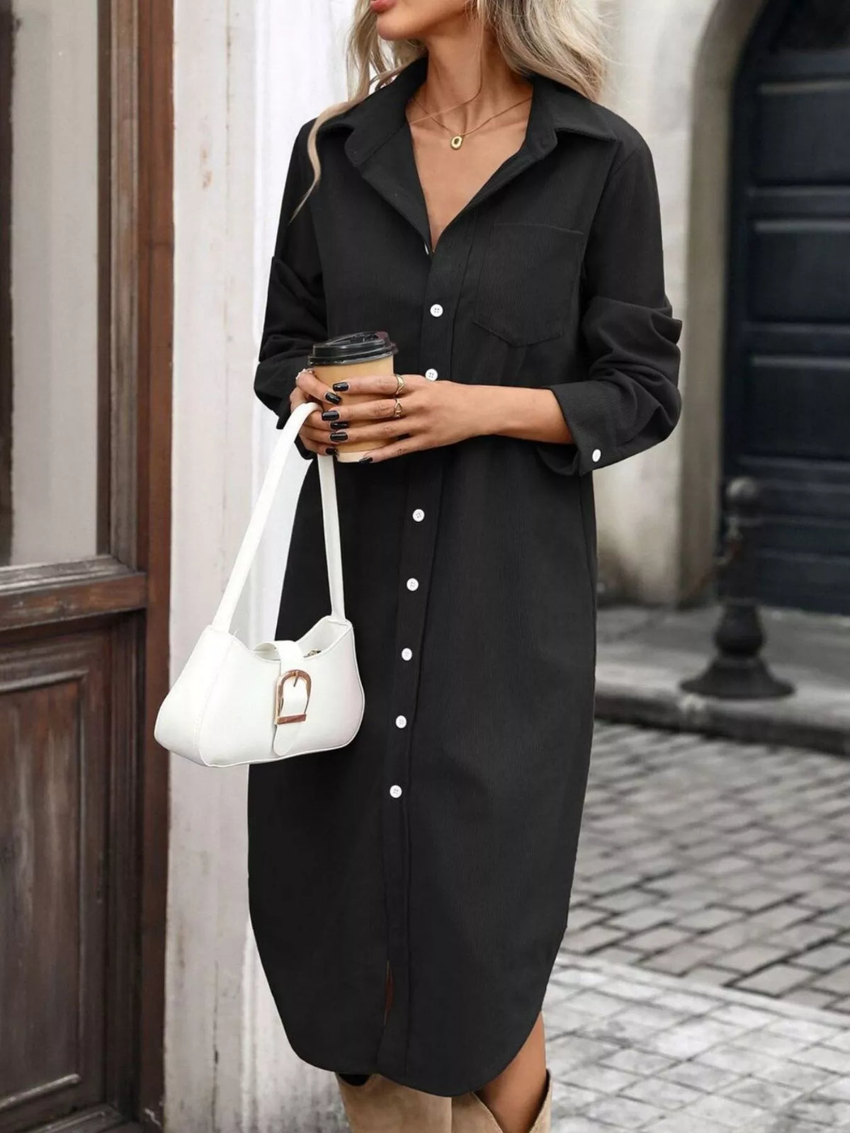 Corduroy Shirt Dress Button-down Front (21)