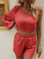 One Shoulder Long Sleeve Top Shorts Set (26)