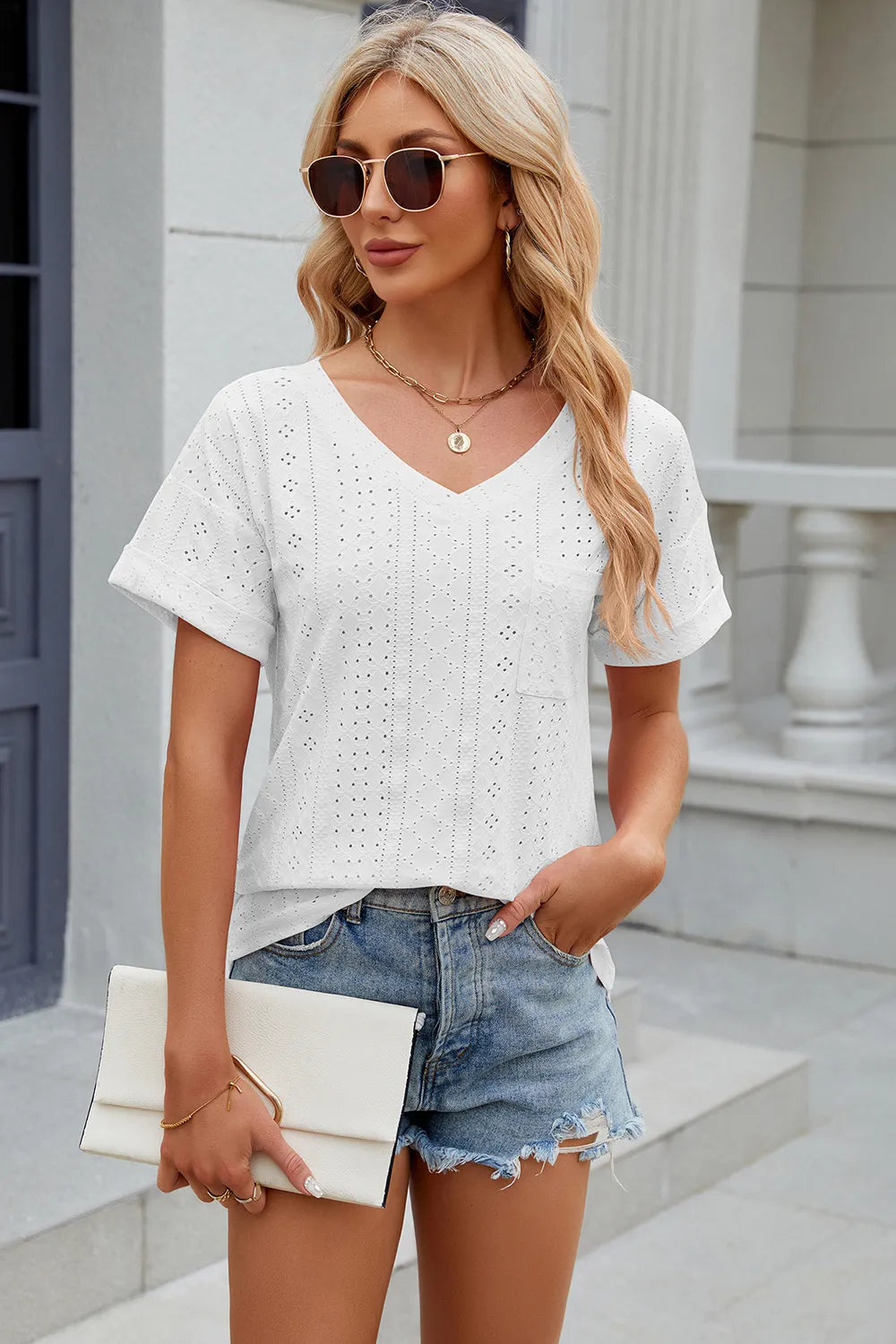 Eyelet V-neck Short Sleeve T-shirt (5)