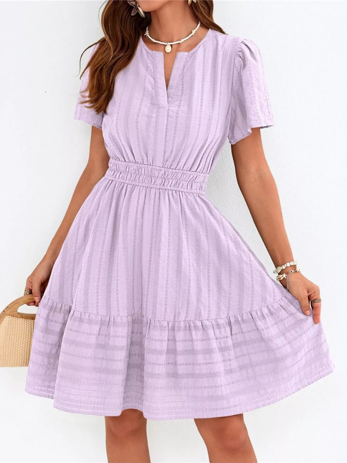 Short Sleeve Smocked Waist Tiered Dress (30)