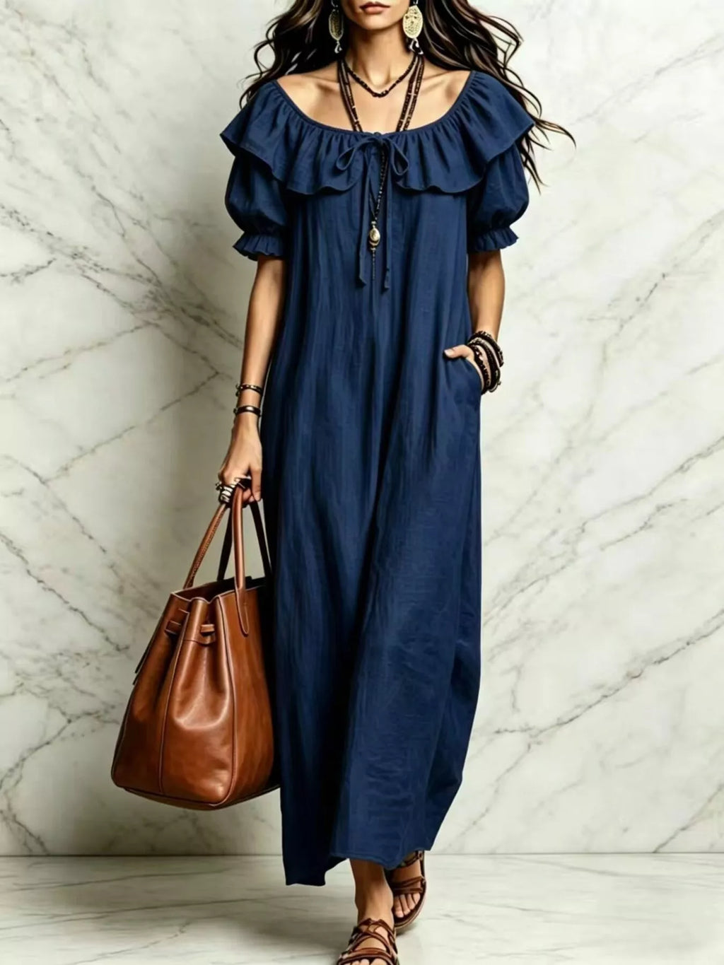 Ruffle Trim Puff Sleeve Maxi Dress (18)