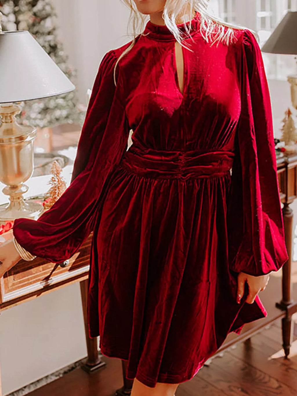 Velvet Mock Neck Balloon Sleeve Dress (9)