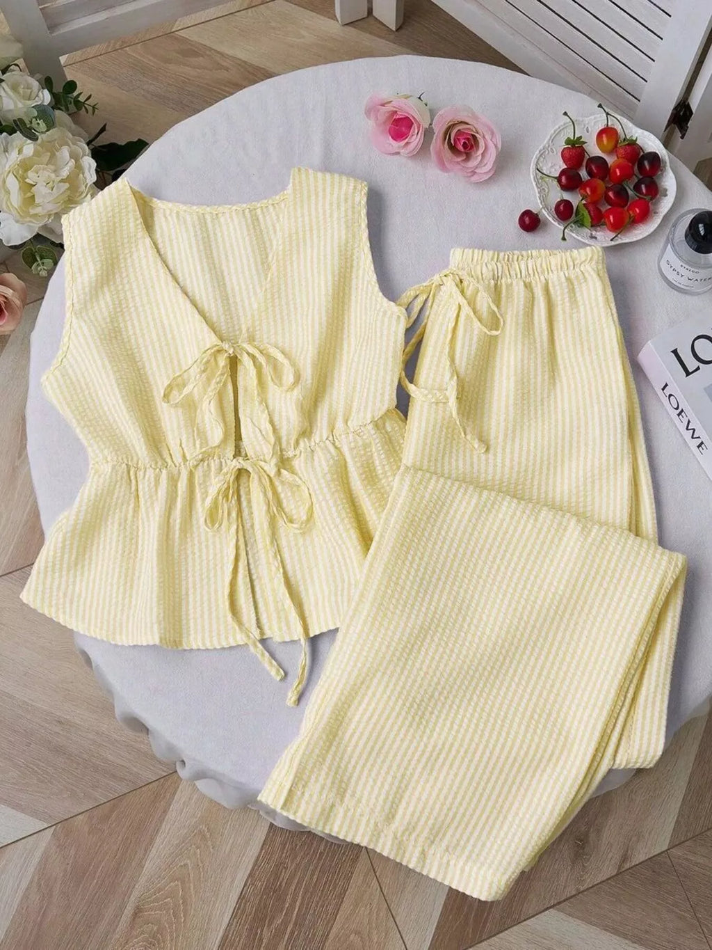 Striped Tie-front Sleeveless Top Pants Set
