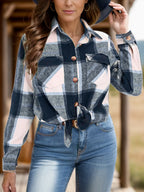 Full Size Pocketed Plaid Collared Neck Shacket (3)