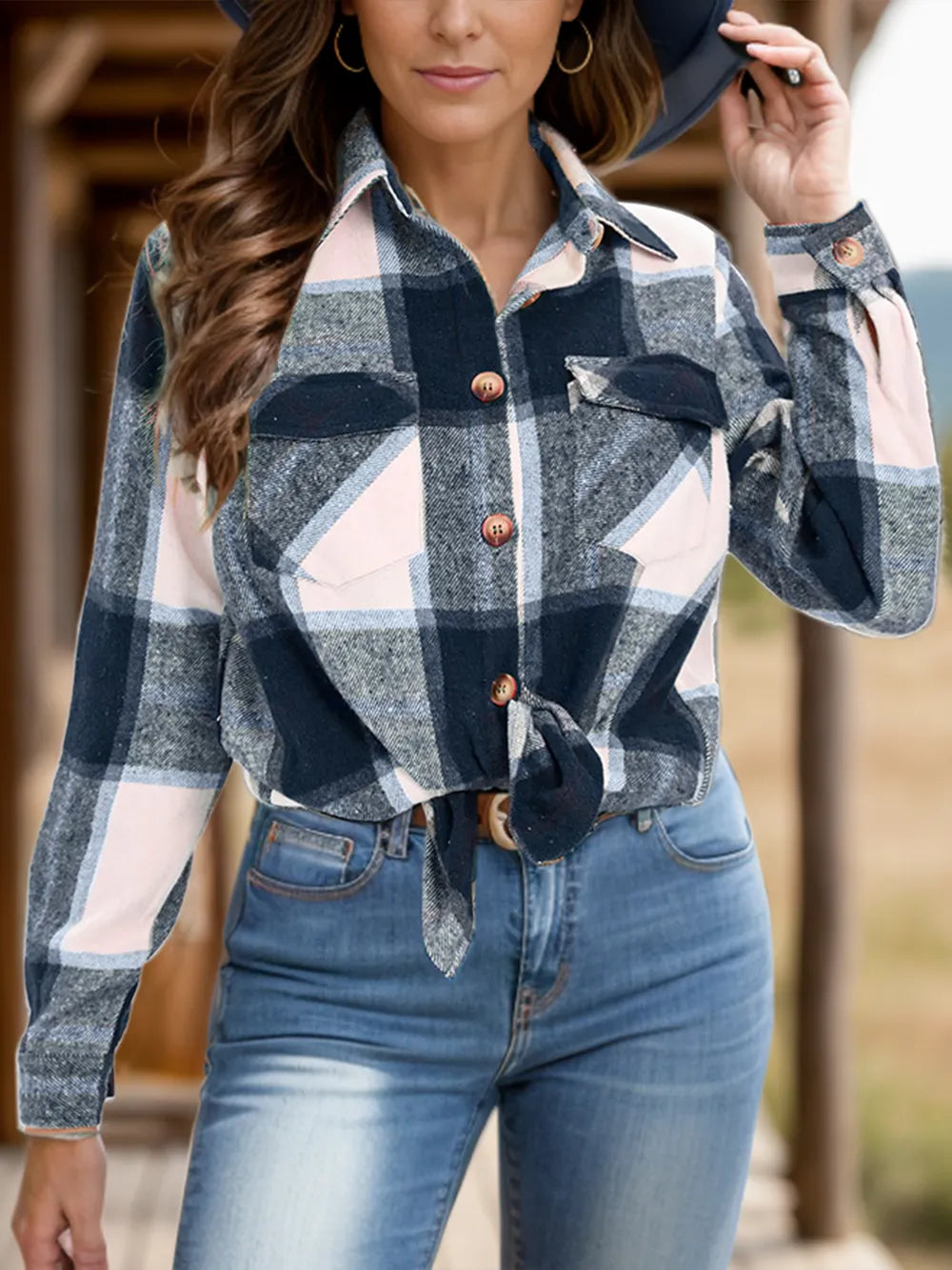 Full Size Pocketed Plaid Collared Neck Shacket (3)