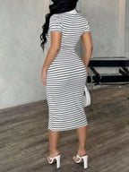 Striped Polo Collar Midi Dress (4)