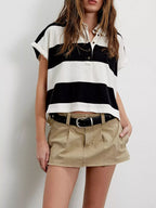 Half Button Striped Short Sleeve Cropped Polo Shirt (9)