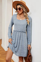 Frill Square Neck Long Sleeve Dress (5)