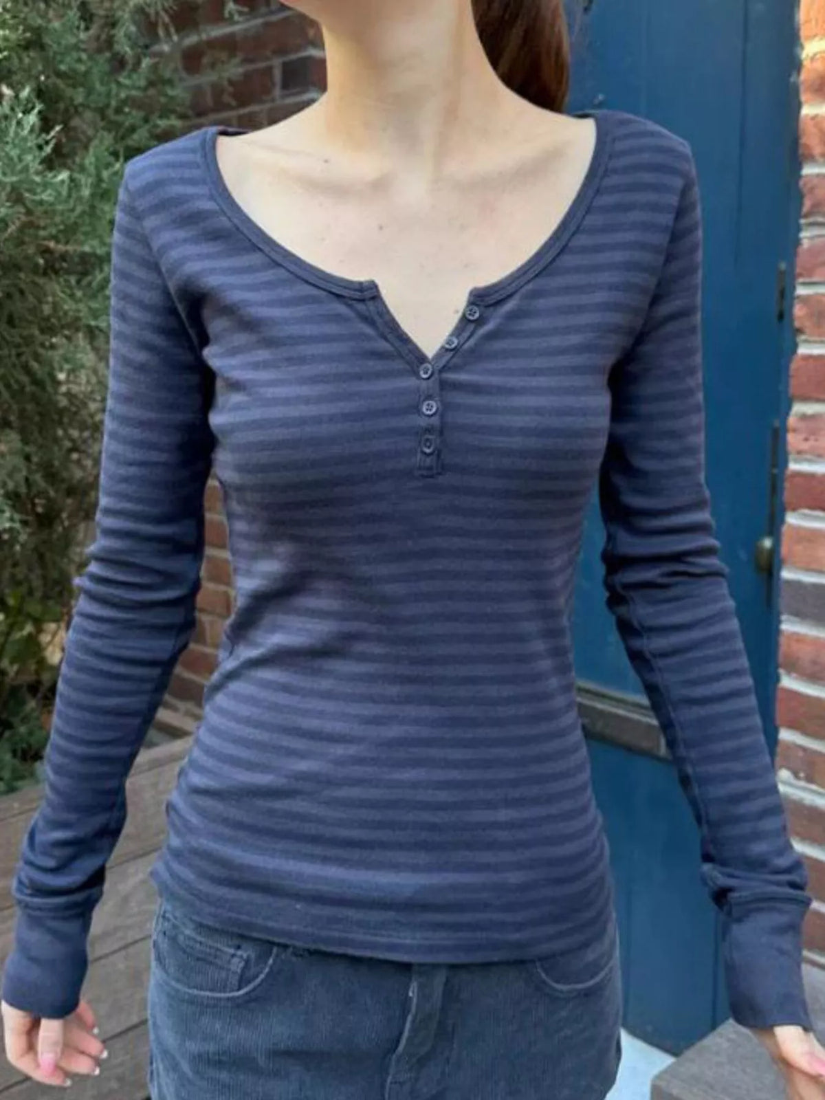 Striped Long Sleeve Henley T-shirt (6)