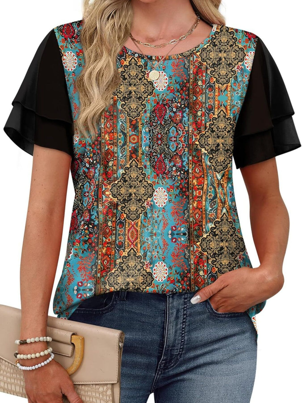 Layered Short Sleeve Round Neck T-shirt (29)