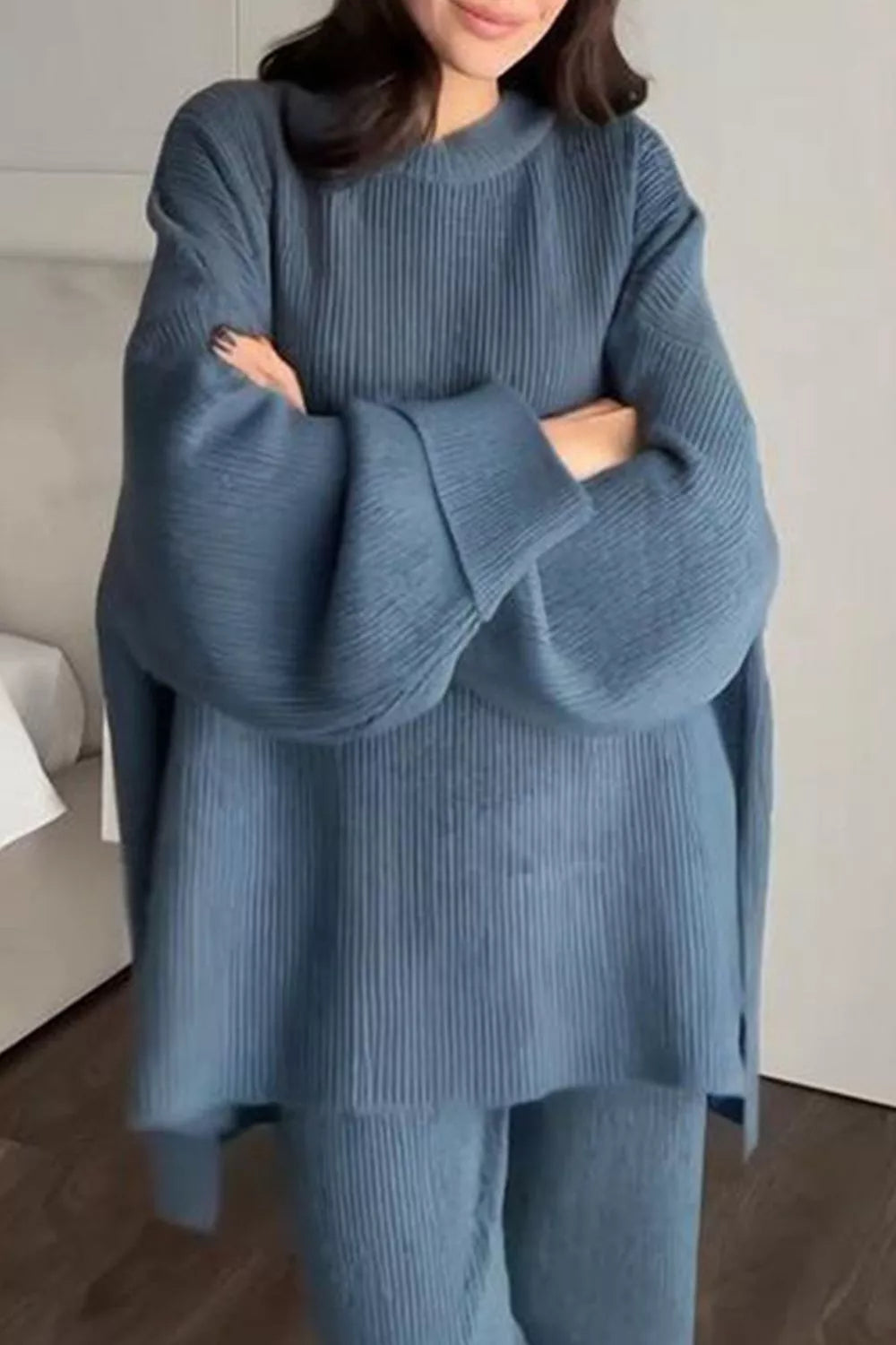 Dropped Shoulder Knit Sweater Wide Leg Pants Set (4)