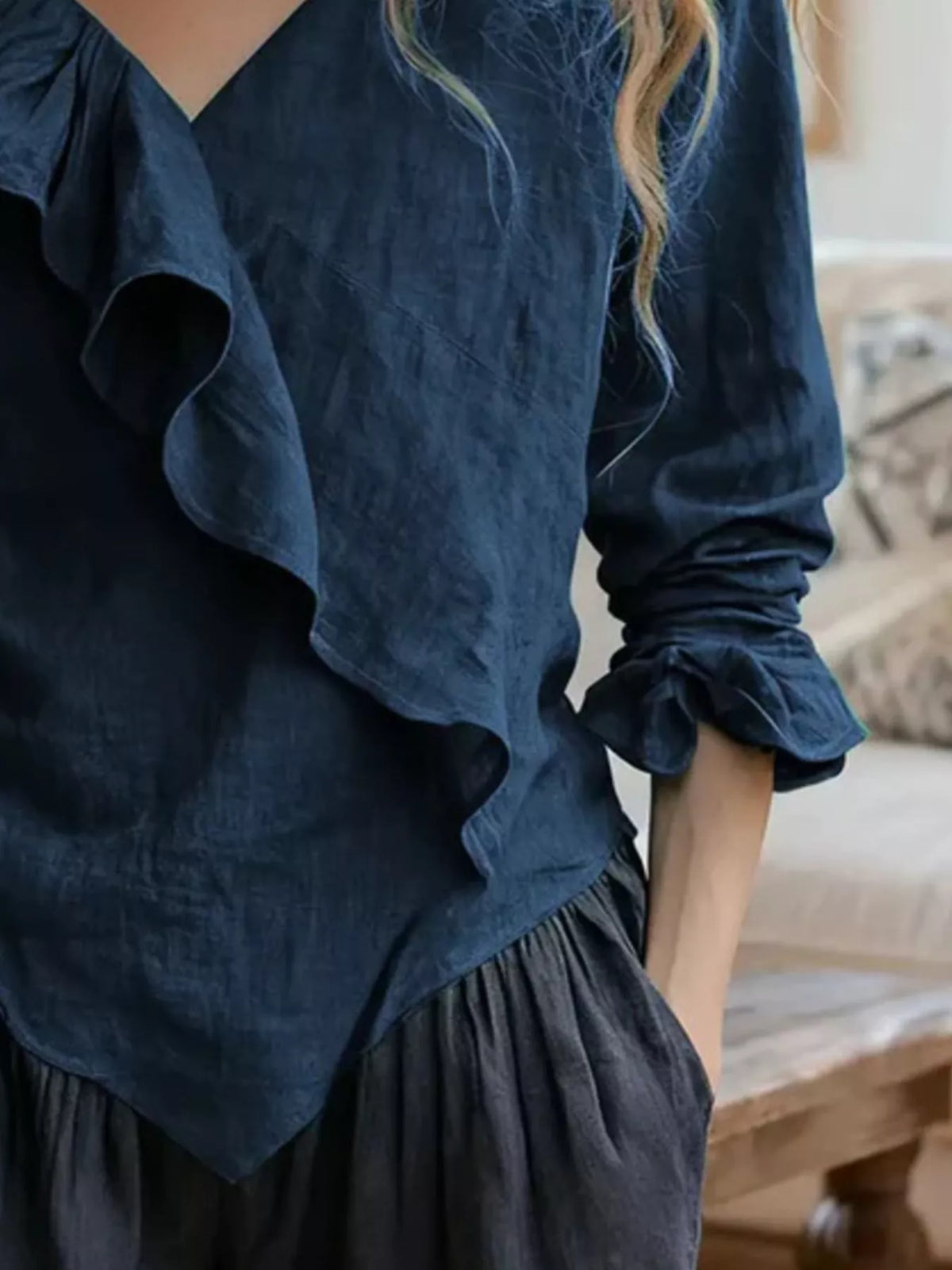 V-neck Ruffled Long Sleeve Blouse (15)