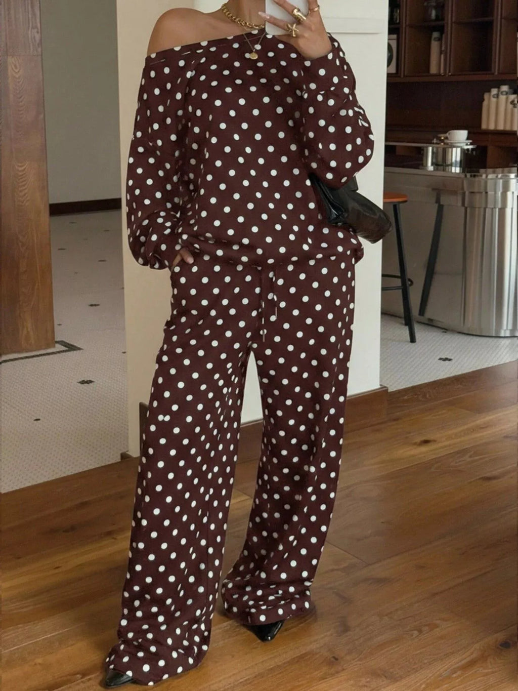 Polka Dot Boat Neck Top Pants Set (5)