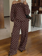 Polka Dot Boat Neck Top Pants Set (5)