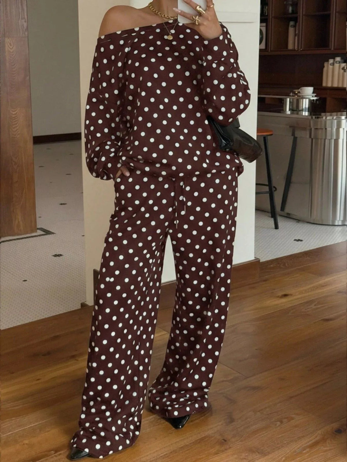 Polka Dot Boat Neck Top Pants Set (5)