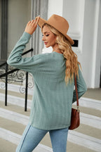 Decorative Button V-neck Long Sleeve T-shirt (6)