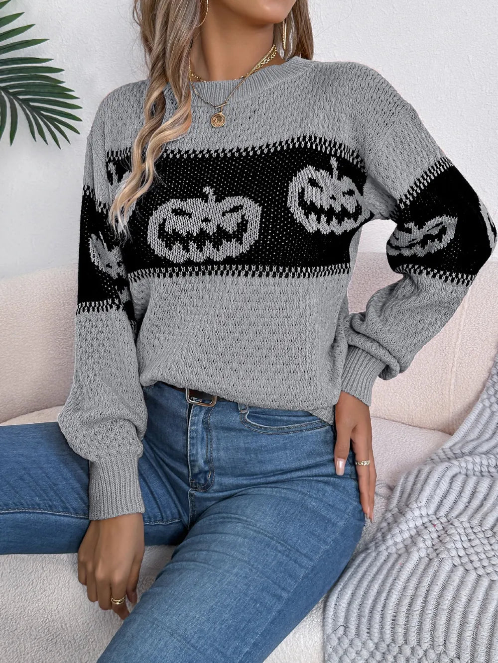 Pumpkin Round Neck Long Sleeve Sweater (18)