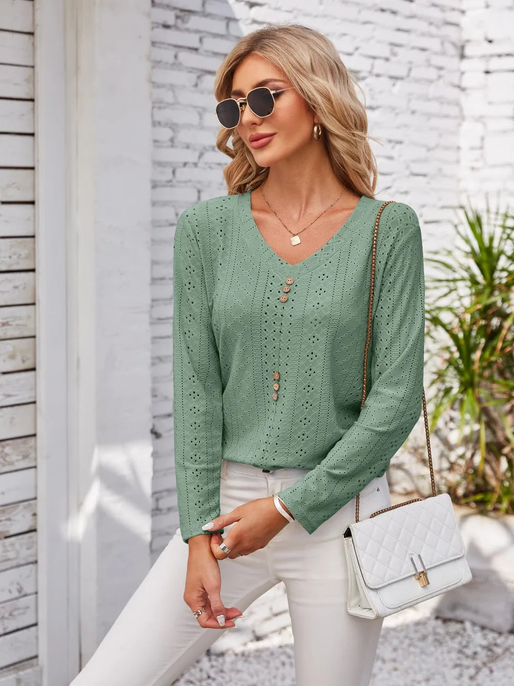 Decorative Button Openwork V-neck T-shirt (20)