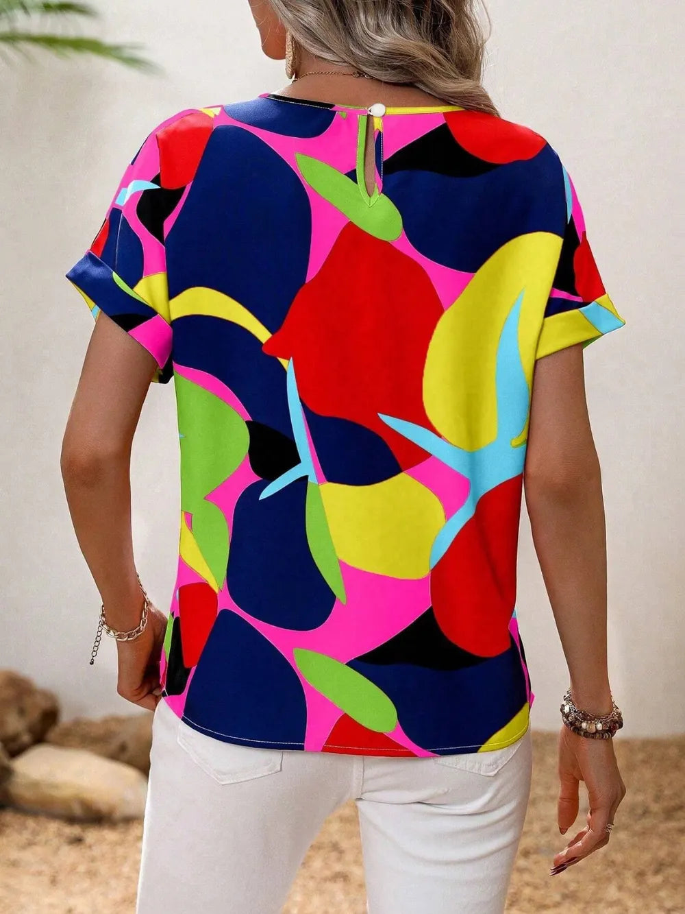 Contrast Round Neck Short Sleeve Blouse (19)