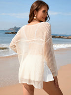 Openwork Slit Boat Neck Long Sleeve Cover-up (10)