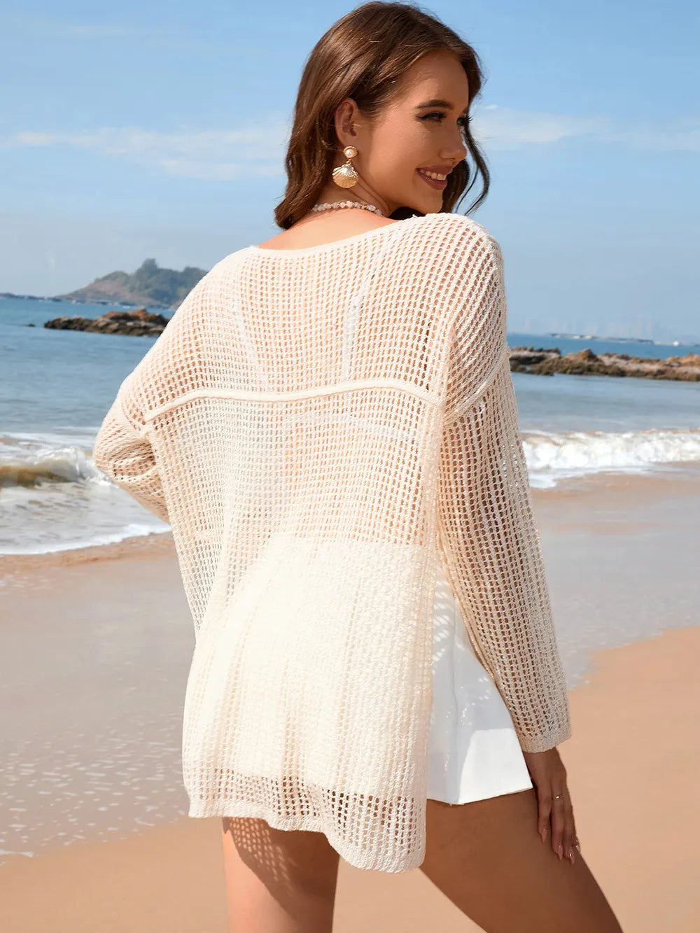 Openwork Slit Boat Neck Long Sleeve Cover-up (10)
