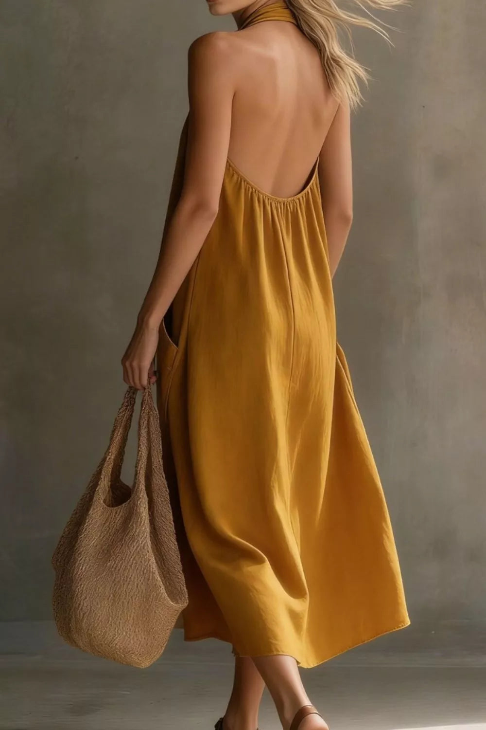 Casual Halter Neck Pocket Midi Dress (12)