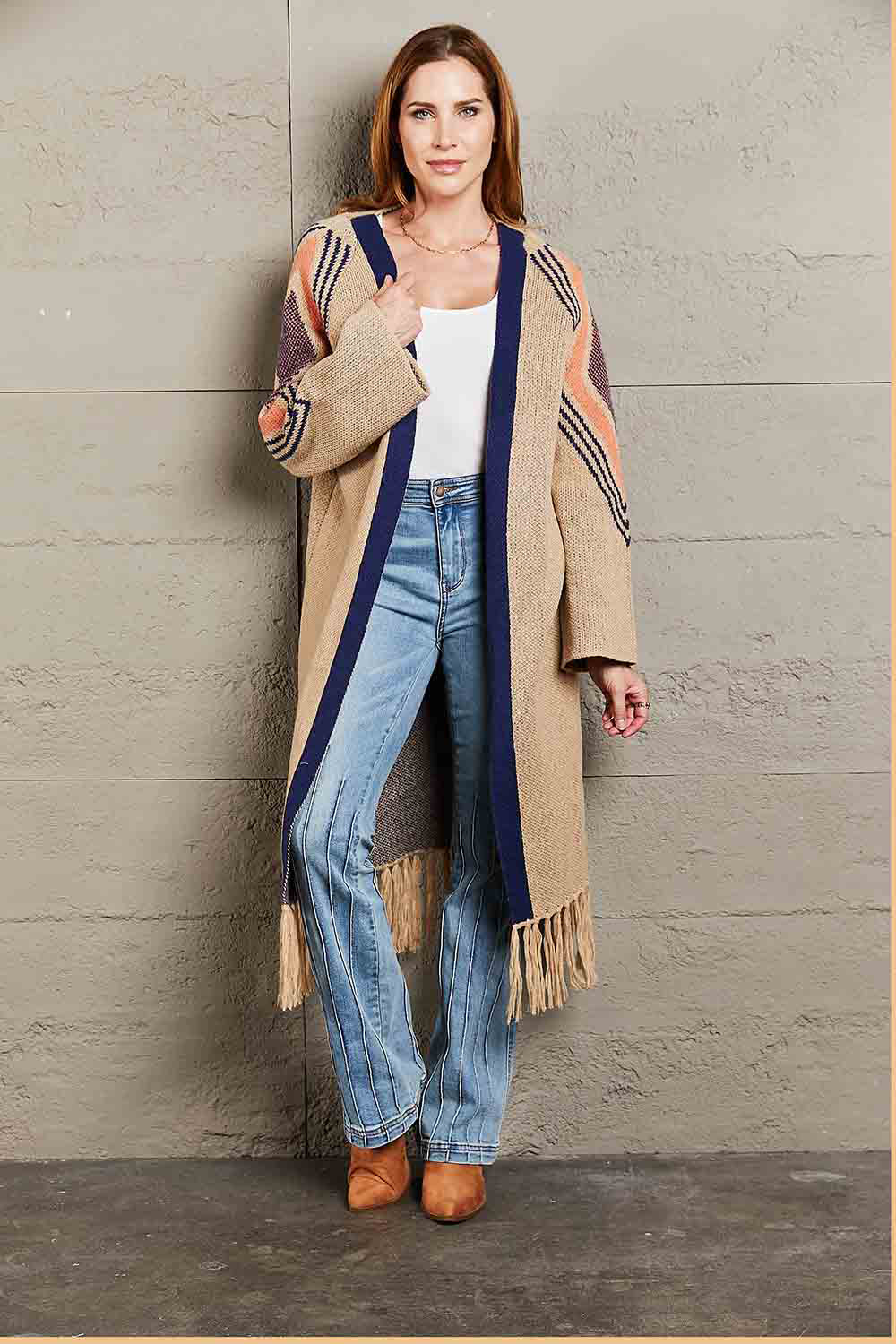 Geometric Fringe Hem Open Front Duster Cardigan (3)