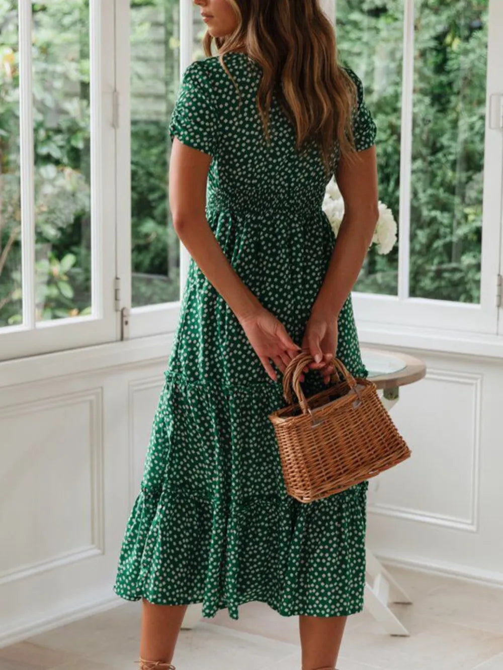 Printed Square Neck Short Sleeve Midi Dress (4)