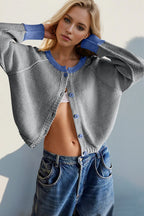 Contrast Button Up Long Sleeve Cardigan (15)