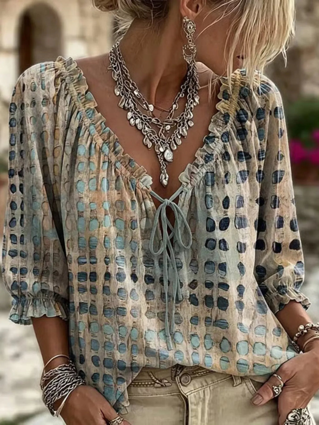 Full Size Tie Neck 3/4 Sleeve Blouse Plus