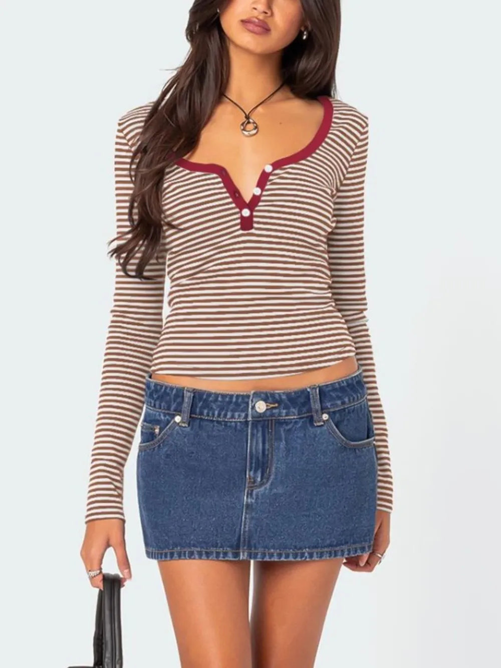 Buttoned Striped Long Sleeve T-shirt (19)