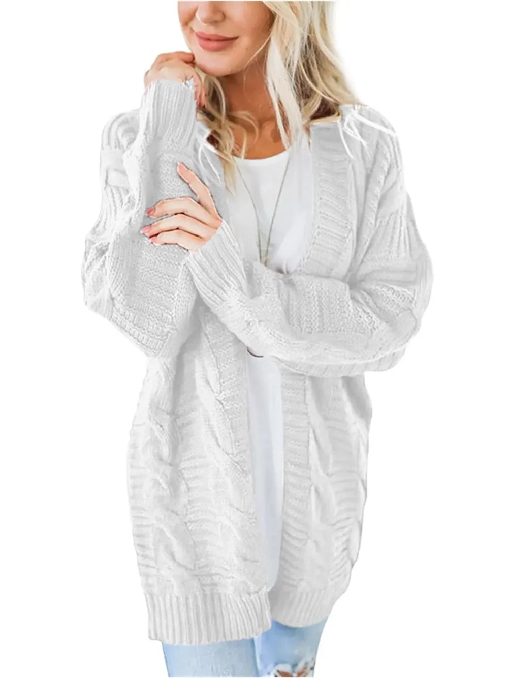 Cable-knit Open Front Long Sleeve Cardigan (11)