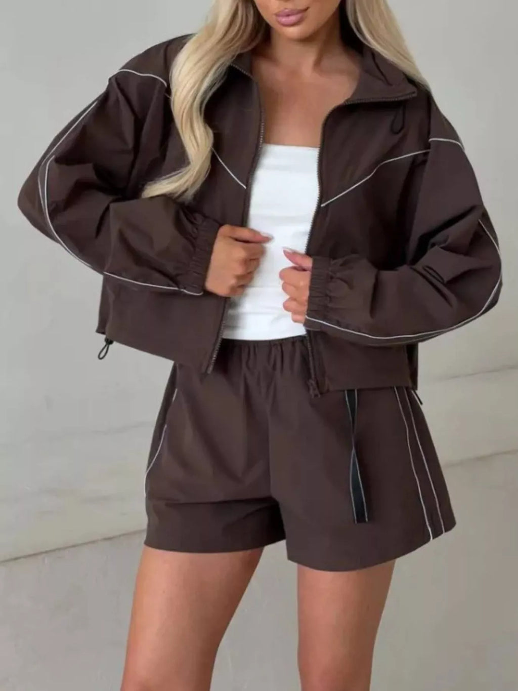 Drawstring Zip-up Jacket Shorts Set